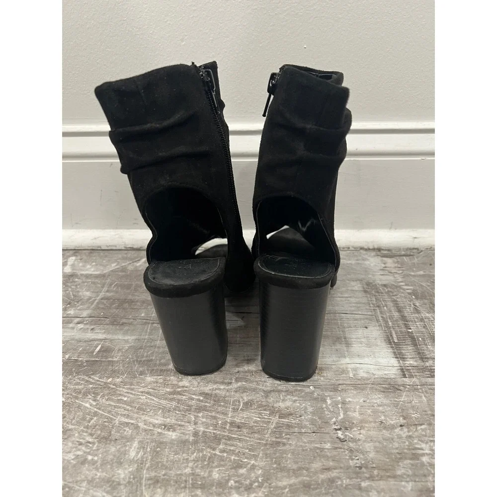 Charlotte Russe Lita Women 7 Black Peep Toe Block Heel Ankle Boots Ruched Cutout
